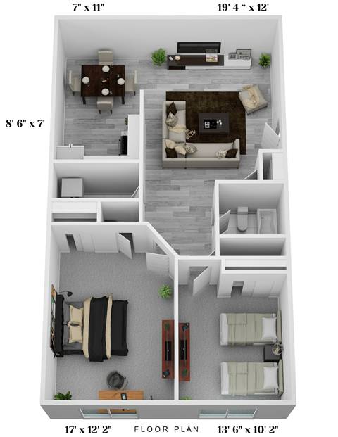 Floor plan for 2 beds, 1 bath, 909 sqft